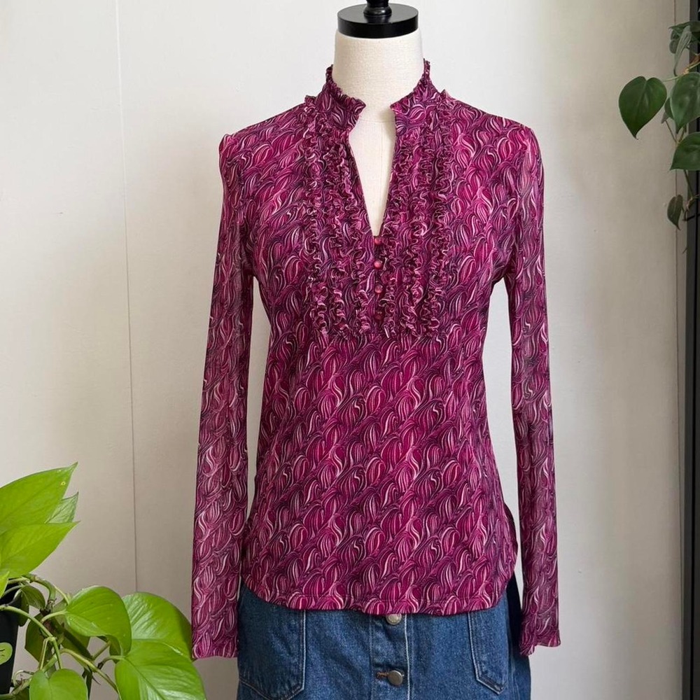 INC International Concepts Pink Purple Mesh Ruffle V-Neck Top Womens Medium